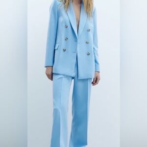 Zara Blue Double-Breasted Blazer & Trousers Set - Large Blazer and XL Pants
